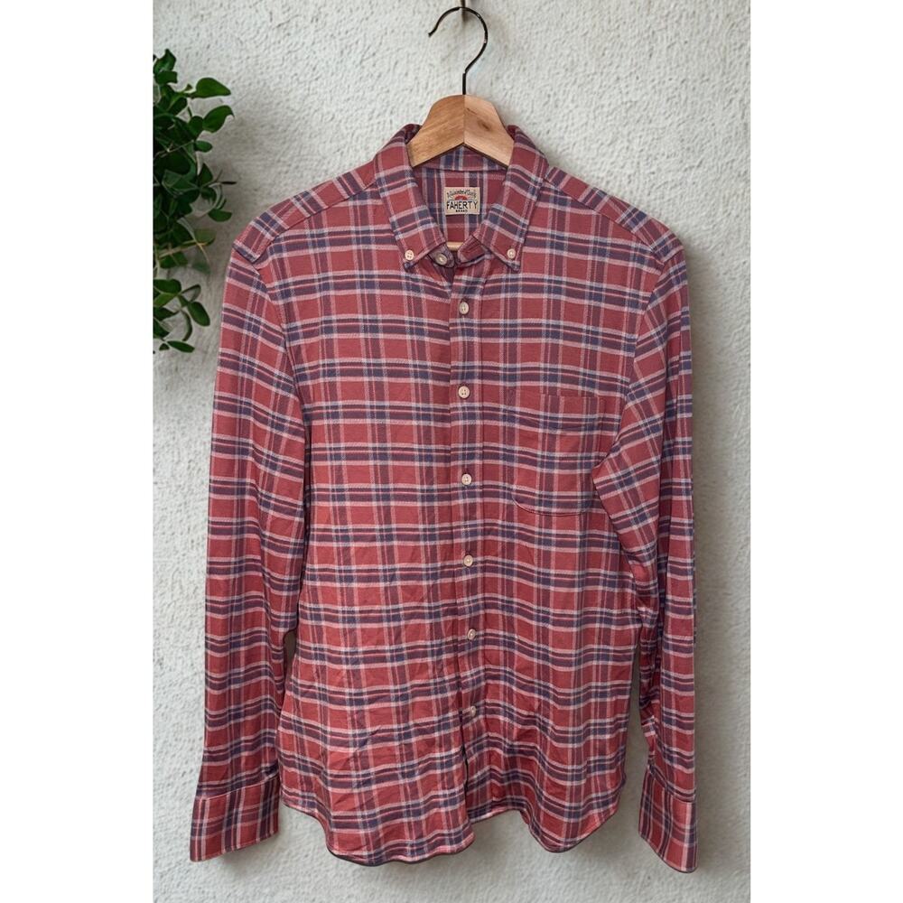 Faherty Coastline Knit Shirt Small Pink Blue Plaid Button Down Soft
